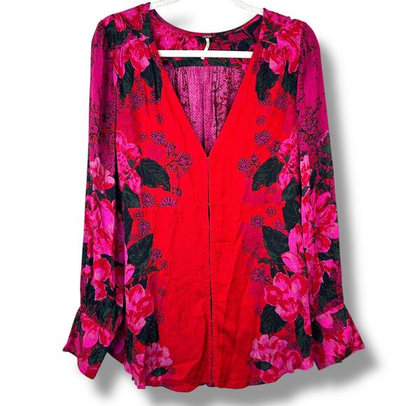 Free People Mikayla Scarlet Combo Red Printed Floral Front Hook Blouson Blouse - Picture 4 of 11